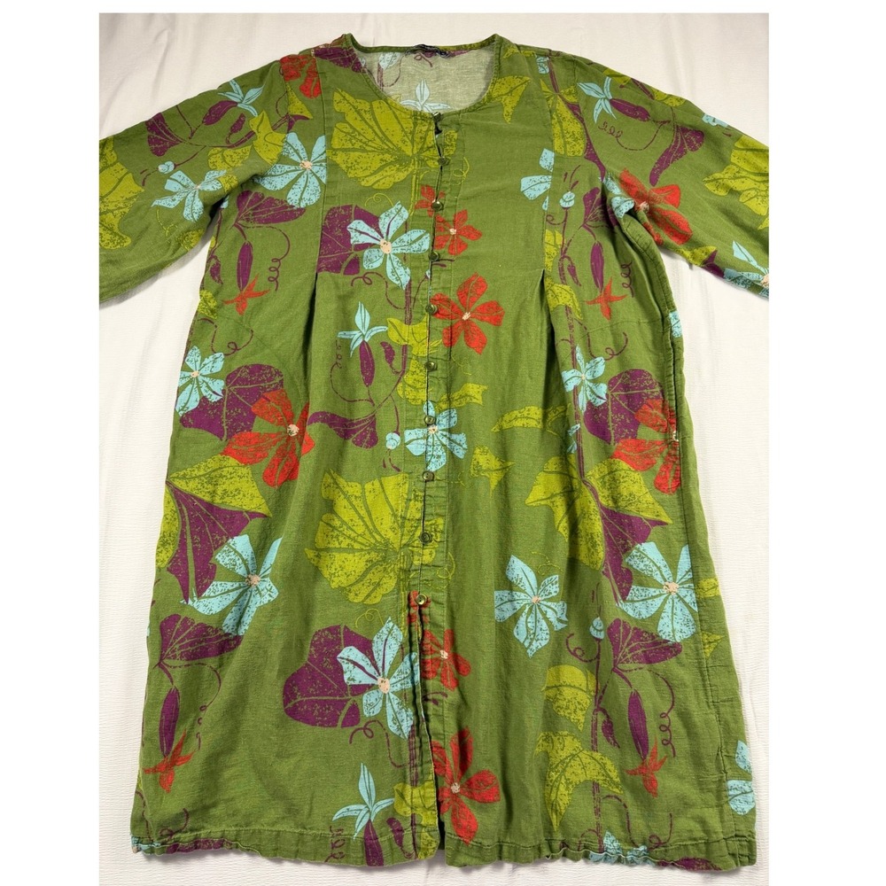 Gudrun Sjoden XL Green Floral Cotton Linen Button Front Tunic Dress Lagenlook